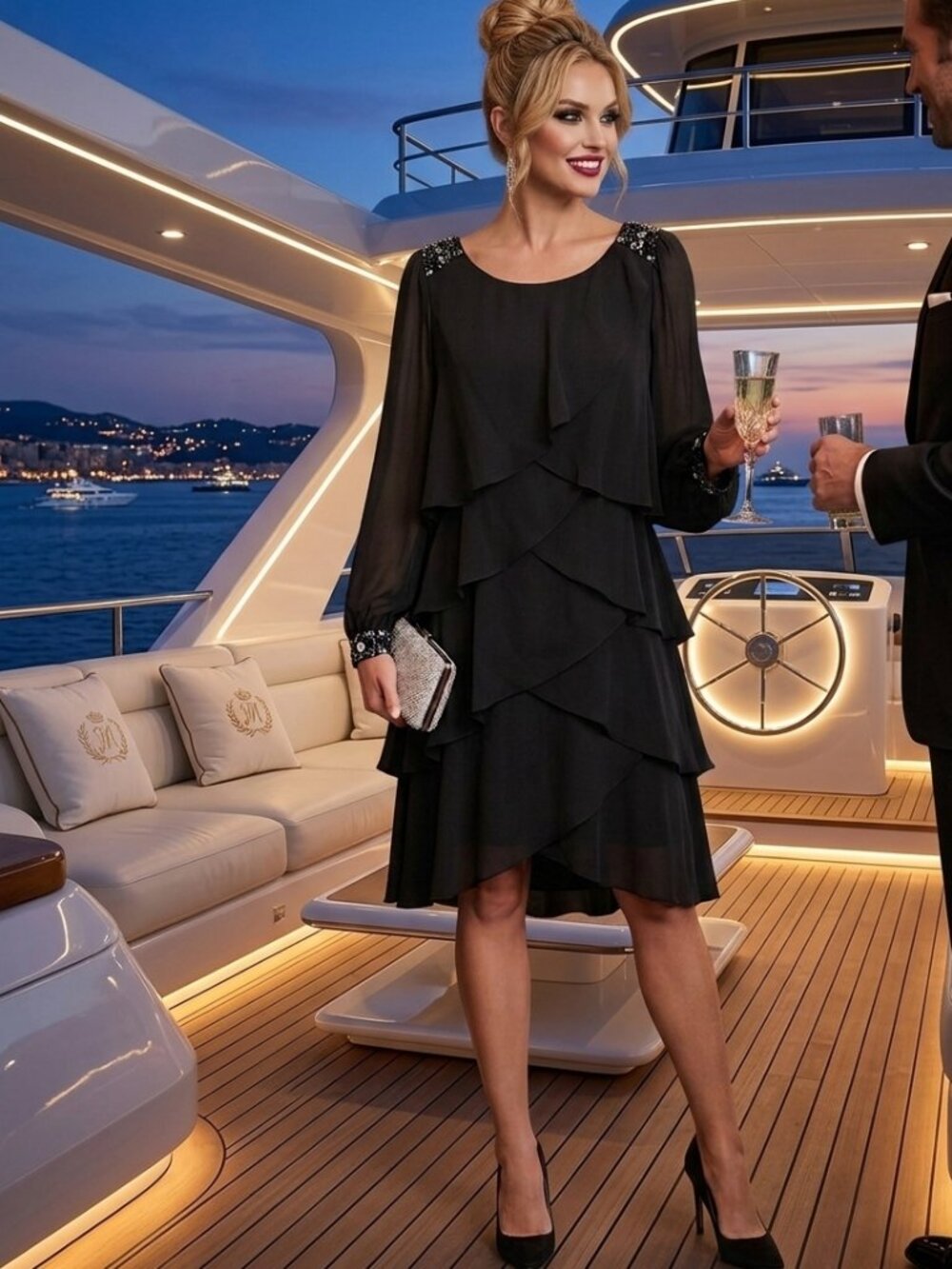 ✨ S.L. Fashions Midnight Black Glamour Tiered Chiffon Cocktail Dress ✨
